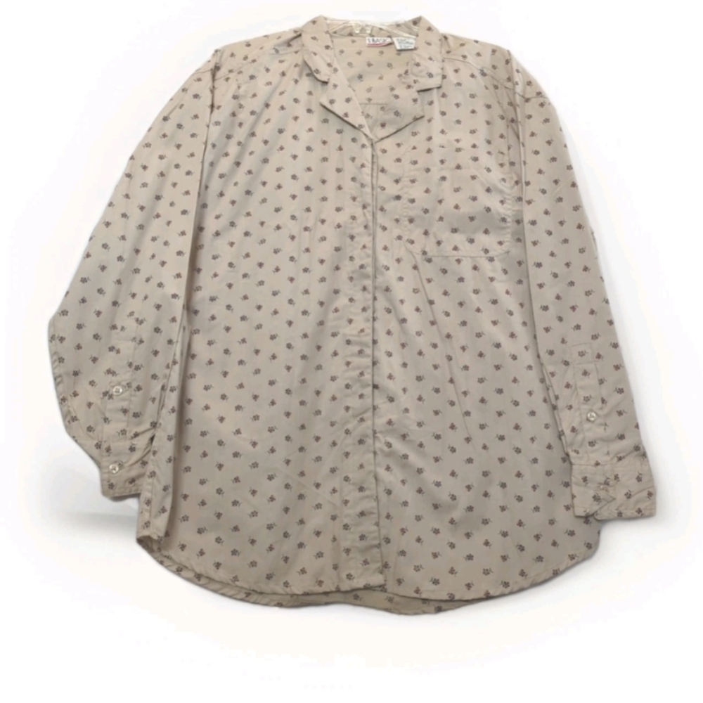 Floral Hide A Button Lg Tan  Burgundry Long sleeve shirt